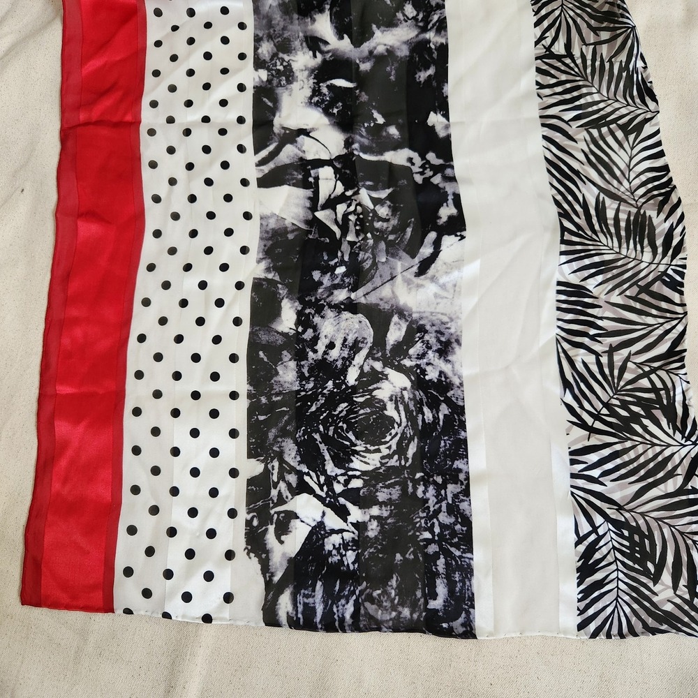 Modern Graphic Print Scarf Red Black White Palm Leaf Floral Polka Dot 66x21